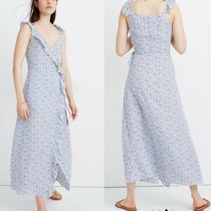 Madewell Blue Floral Ruffle Wrap MIDI Dress Size 12
